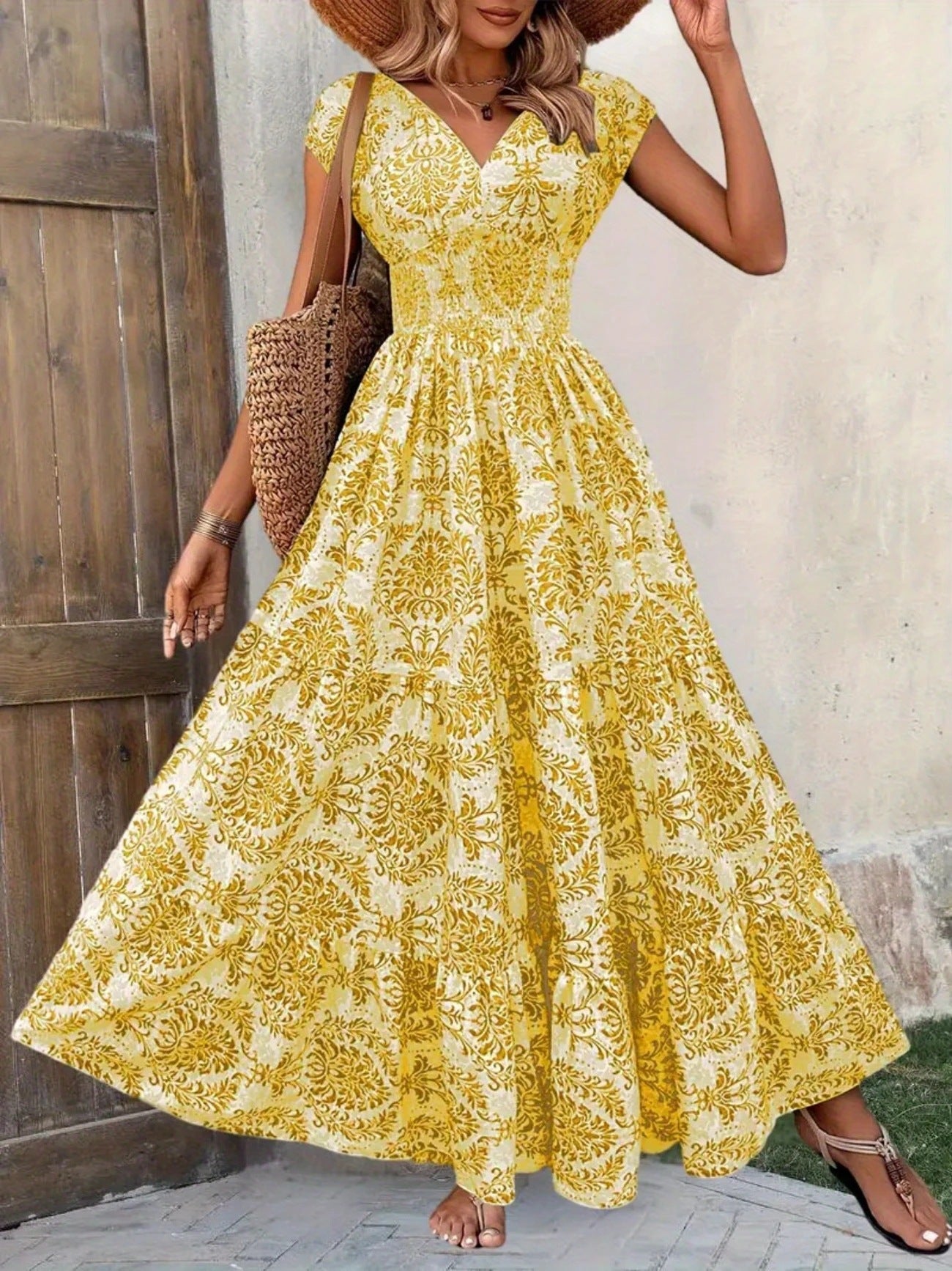 NEW - V-Neck Slim Waist Long Dress