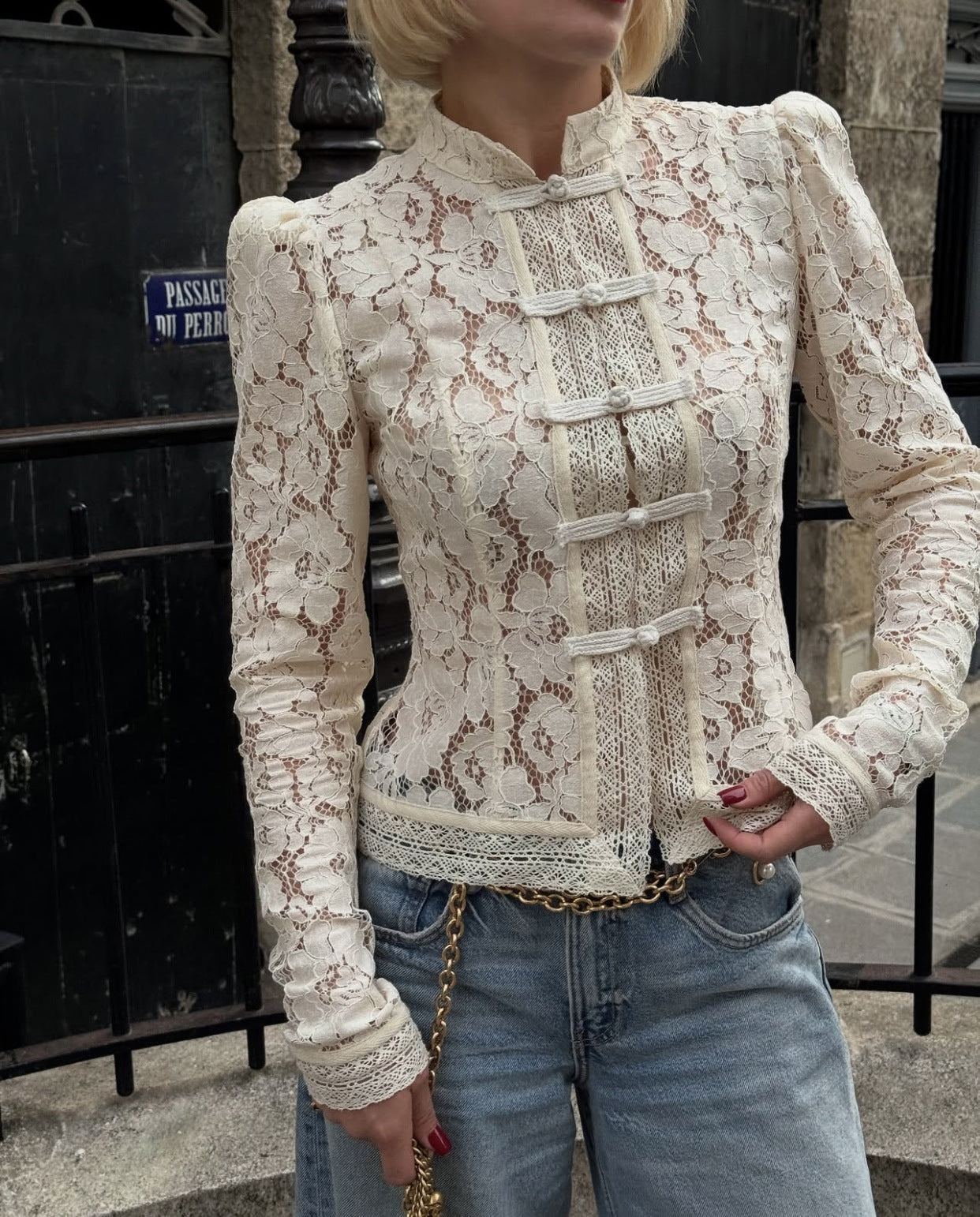 Elegant Lace Crochet Stand Collar Slim Fit Blouse